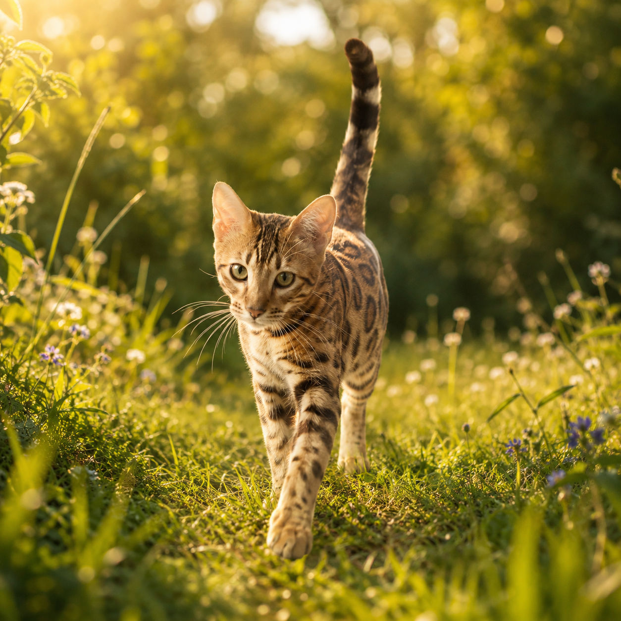 Alon's Cat walking through a sunlit meadow