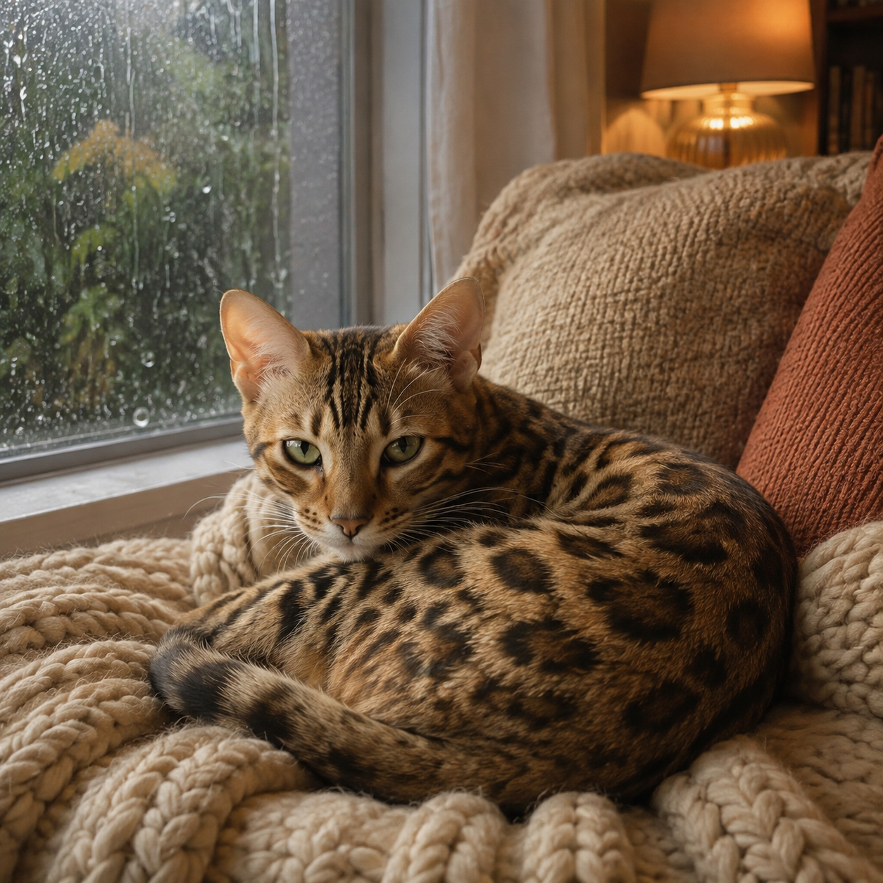 Alon's Cat curled on a blanket beside a rainy window