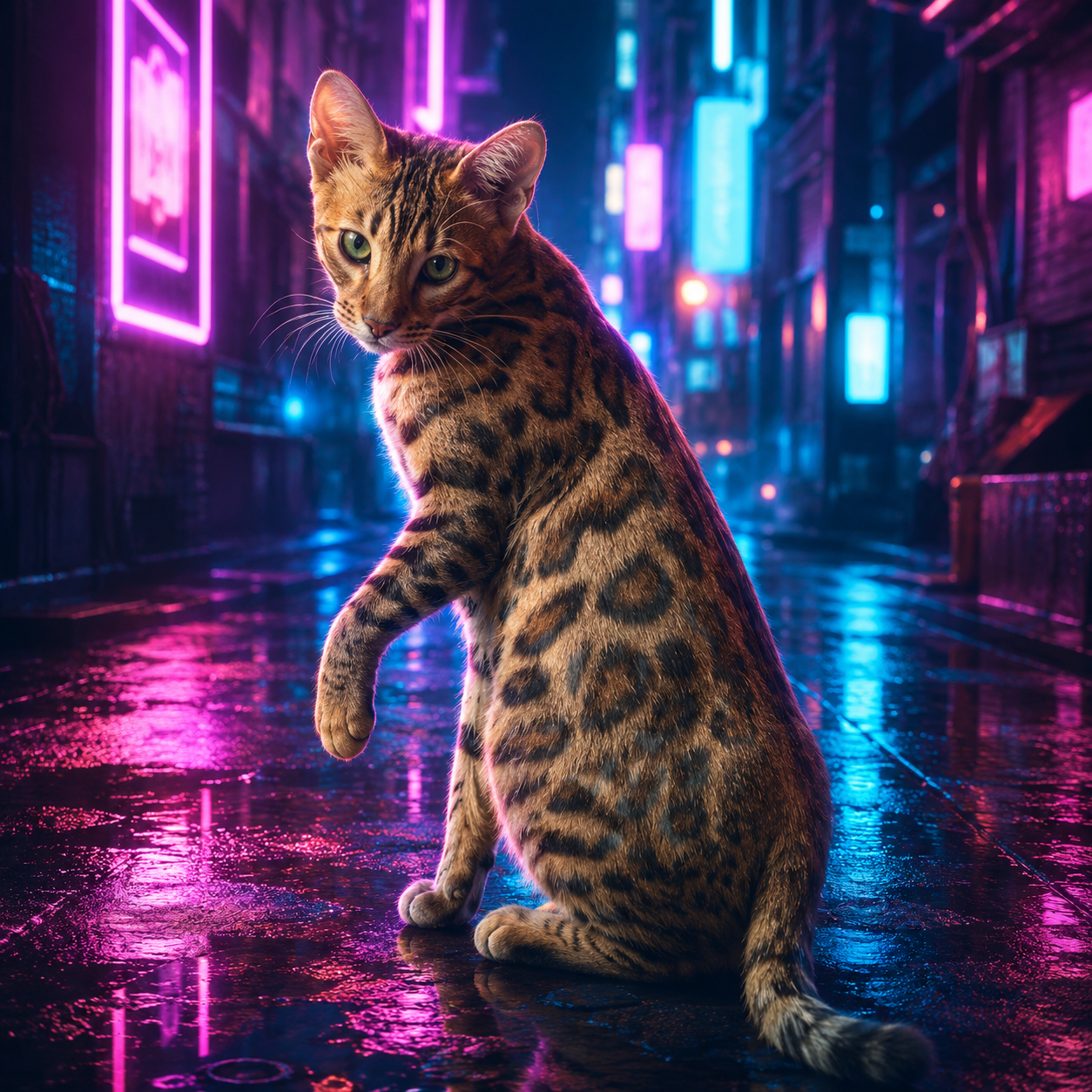 Alon's Cat in a neon-lit street at night