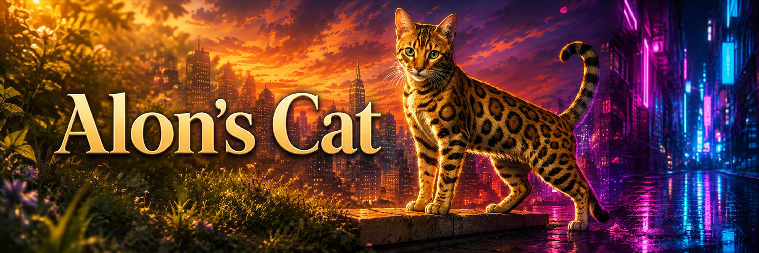 Alon's Cat cover art spanning garden, sunset city and neon street